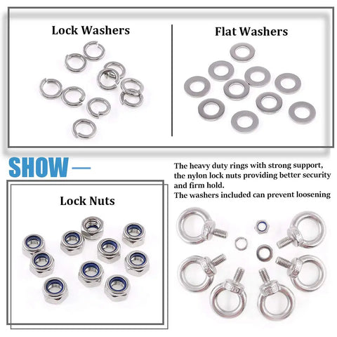 304 Stainless Steel M8 Eye Bolts Beefy Lifting Ring Set with Lock Nuts, Flat and Lock Washers for Secure Load Connections