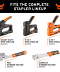 Image of various stapler tools: Heavy Duty, 5-in-1, 2-in-1, Pro Hammer Tacker, and Compact Hammer Tacker, all part of the Pro lineup.