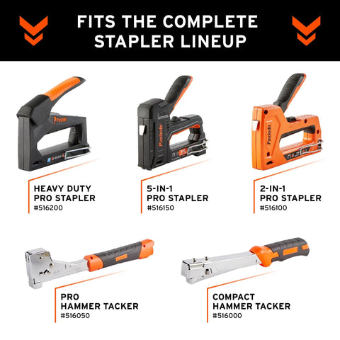 Image of various stapler tools: Heavy Duty, 5-in-1, 2-in-1, Pro Hammer Tacker, and Compact Hammer Tacker, all part of the Pro lineup.