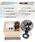 Product package contents with box, screws, UTV fan, wires, braces, for Overhead 6 Inch UTV Cooling Fan With 12V Power For Roll Cage Mount.