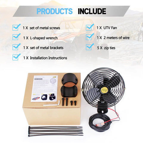 Product package contents with box, screws, UTV fan, wires, braces, for Overhead 6 Inch UTV Cooling Fan With 12V Power For Roll Cage Mount.