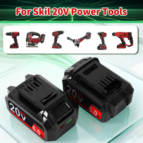 Two 6.0Ah Lithium Battery Packs For Skil 20V Tools Replacement BY519601 BY519603 BY519702 Compatible With PWRCORE 20V Battery