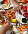 20 Pack Seafood Crackers And Tools Set Party Ready Gear Includes 6 Crab Crackers 6 Lobster Shellers 6 Crab Leg Forks And 2 Stainless Steel Seafood Scissors displayed on table with seafood dishes.