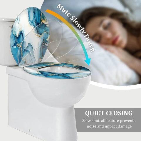 Elongated Resin Toilet Seat for Bathroom with blue and gold marbled design, 14.5" x 18.5", featuring quiet closing.
