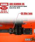Close-up of 72 Inch Three Point PTO Flail Mower gearbox with warning to add oil before use, showing oil filler hole location.