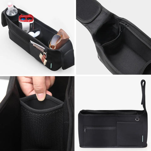 Durable Neoprene Golf Cart Organizer Bag with Front Pocket showing compartments for organizing scorecards, pencils, and gear.