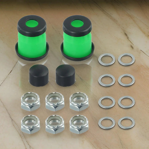 Pivot Tube Maintenance Kit For Skateboards And Longboards With Pivot Cups Axle Nuts Speed Rings Cylindrical And Tapered Bushings In Green This Rebuild Set Keeps Your Trucks Solid And Smooth displayed on a table.