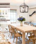 Dining room setting with Oak Wood Farmhouse Lantern Pendant Light With Silver Metal Finish, cozy rustic vibe for kitchen island.