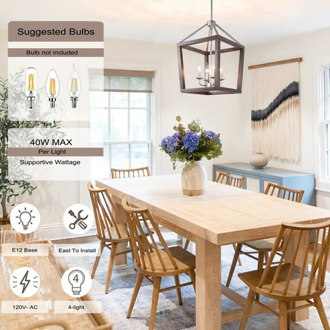 Dining room setting with Oak Wood Farmhouse Lantern Pendant Light With Silver Metal Finish, cozy rustic vibe for kitchen island.