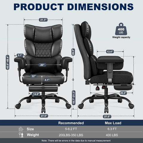 Product dimensions of Big And Tall Office Chair With Footrest For All Day Comfort, High Back Ergonomic Desk Chair, Black