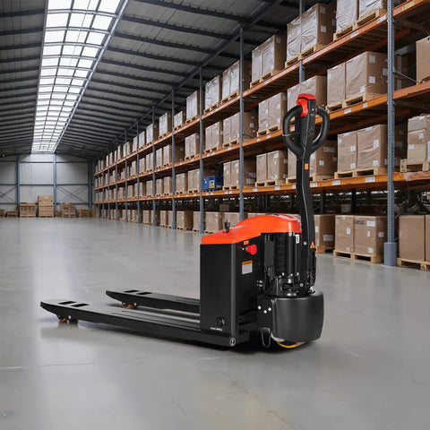 VEVOR Electric Pallet Jack Truck in a warehouse, 27x48 in steel forks, designed for lifting 4400 lbs of heavy loads.
