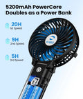 Detachable Handle Dope Portable Fan With 5200mAh Power Bank Rechargeable Personal Handheld Fan displaying battery life and power core