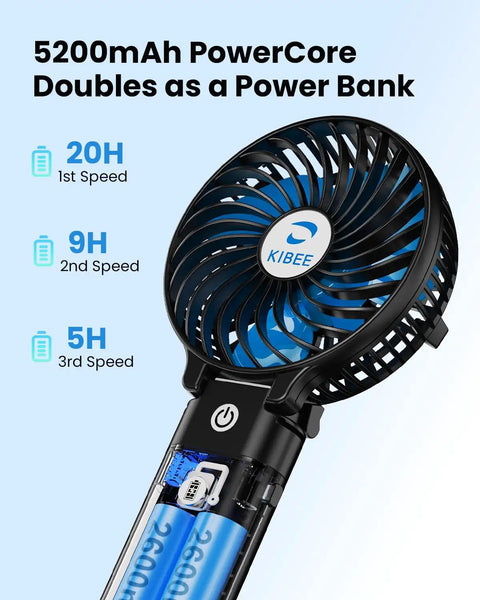 Detachable Handle Dope Portable Fan With 5200mAh Power Bank Rechargeable Personal Handheld Fan displaying battery life and power core