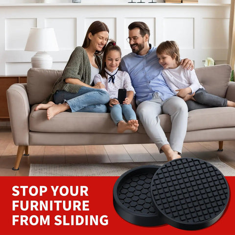 Non Slip Furniture Pads 2 Inch Anti Skid Rubber Caster Cups 12 Pack Black showing family on couch to demonstrate furniture stability.