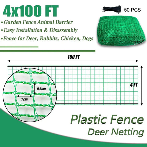 Temporary Garden Fence 4x100 Feet With 50 Zip Ties Heavy Duty Plastic Snow Fence Yard Barrier for Deer Rabbits Pets Green