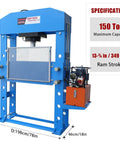 Rock Solid 150 Ton Electric Hydraulic Shop Press With Full Welded H Frame And Safety Guard, showcasing dimensions and features, ideal for garage use.
