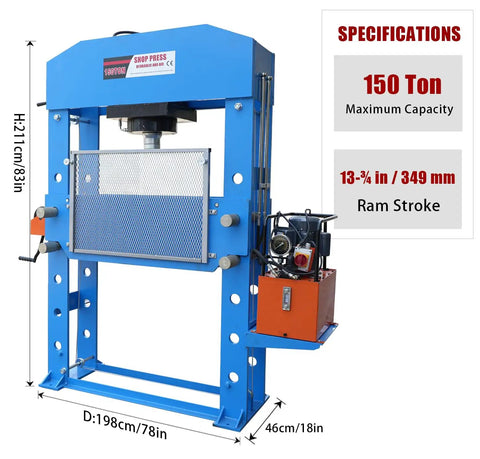 Rock Solid 150 Ton Electric Hydraulic Shop Press With Full Welded H Frame And Safety Guard, showcasing dimensions and features, ideal for garage use.