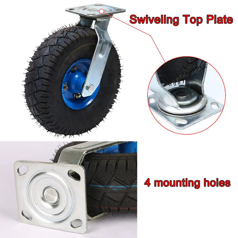 Tough As Nails Heavy Duty Industrial Casters With 8In And 10In Pneumatic Rubber Tires, showing the swivel top plate and mounting holes.