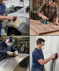 People using 100 Pack 6 Inch 6 Hole Sanding Discs Set Dope Value on cars and wood, showcasing different sanding applications.