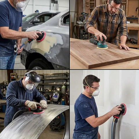 People using 100 Pack 6 Inch 6 Hole Sanding Discs Set Dope Value on cars and wood, showcasing different sanding applications.