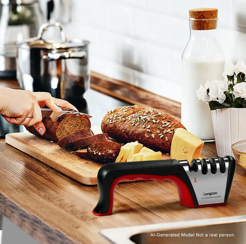 4 Stage Knife Sharpener For All Blades And Scissors With Cut Resistant Glove Fast Edge Restoration displayed on a kitchen counter