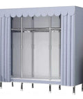 Hella Spacious Portable Canvas Wardrobe Slick Fabric Clothes Closet With Heavy Duty Hanging Rod Double Shelf Racks and Roomy Organizers For Large Bedroom showcasing blue fabric curtains and steel hanging rods.