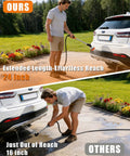 Man using Long Reach 24 Inch Watering Wand With 8 Spray Patterns And 180 Degree Rotating Head on car, showing reach difference.