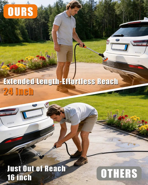 Man using Long Reach 24 Inch Watering Wand With 8 Spray Patterns And 180 Degree Rotating Head on car, showing reach difference.