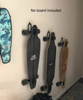 Flexible Skateboard Wall Mount Hanger Rack Set 2 Pack W Style Adjustable Holders For Cruiser Boards Penny Boards Skateboards Longboards And More No Board Included Easy Installation displaying multiple boards on wall.