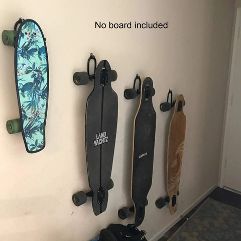 Flexible Skateboard Wall Mount Hanger Rack Set 2 Pack W Style Adjustable Holders For Cruiser Boards Penny Boards Skateboards Longboards And More No Board Included Easy Installation displaying multiple boards on wall.