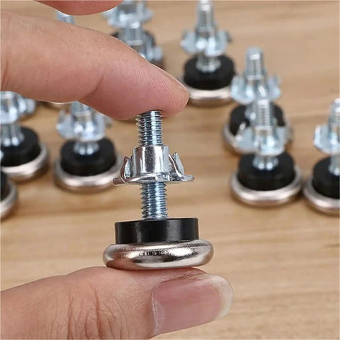 12 Pack M6 Adjustable Leveling Feet With T Nut For Furniture And Table Legs Wide Bearing Base Glide Pads Anti Scratch Floor Protectors For Uneven Floors Fits Wood Cabinets Chairs And Desks. Close-up of M6 adjustable leveling foot with T nut and wide base