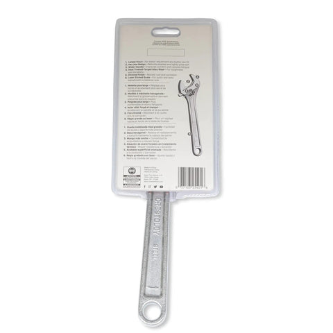 Back view of 12 Inch Adjustable Wrench With Laser Etched SAE And Metric Scales, Large Knurl, Chrome Finish Carded AC212VS