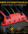 250 Amp 12 Volt Heavy Duty Power Distribution Block Bus Bar With Four M8 Studs And Three Screw Terminals Waterproof Cover Pack Of 2 For Automotive Marine Car Audio RV Truck Boat, red cover