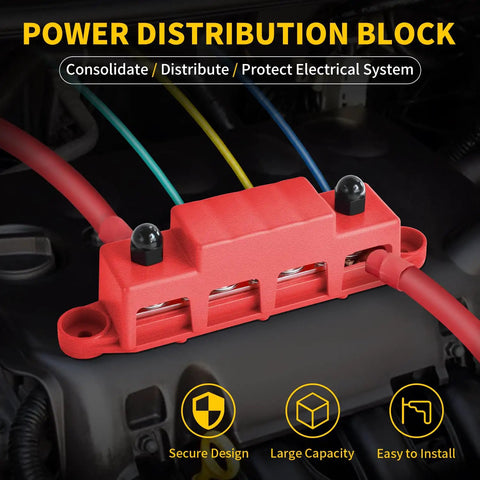 250 Amp 12 Volt Heavy Duty Power Distribution Block Bus Bar With Four M8 Studs And Three Screw Terminals Waterproof Cover Pack Of 2 For Automotive Marine Car Audio RV Truck Boat, red cover
