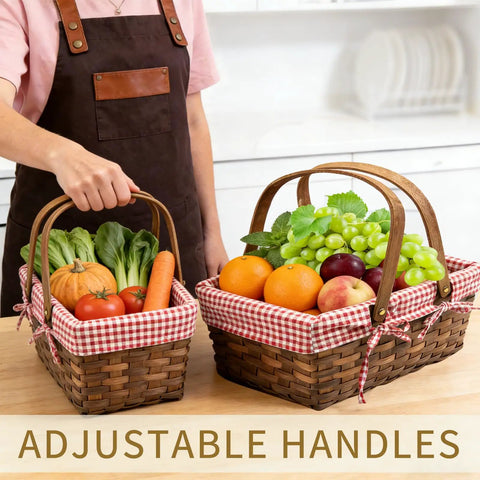 Dual Size Picnic Basket Set With Double Folding Handles 16 Inch Woodchip Woven Basket With Removable Red And White Liner