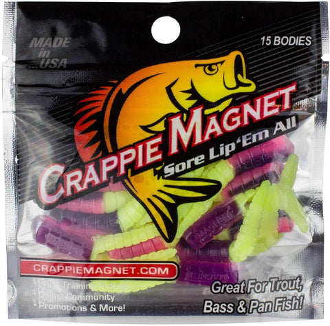 Crappie Magnet 15-Piece Glow Pop Lure Set With Soft Plastics in packaging, glow color crappie fishing gear for anglers