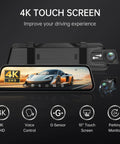 4K Rear View Mirror Dash Cam With 10 Inch Screen, Front And Rear Cameras, showing touch screen interface and camera features