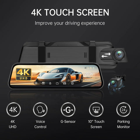 4K Rear View Mirror Dash Cam With 10 Inch Screen, Front And Rear Cameras, showing touch screen interface and camera features