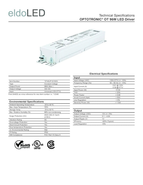 96W LED Power Supply From 120-277VAC To 24VDC Constant Voltage Driver Non Dimmable UL Class 2 Listed technical specifications