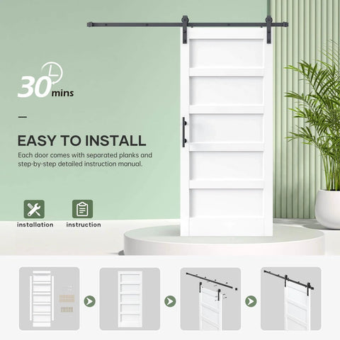 36 By 84 Inch White Sliding Barn Door Slab With Six Point Six Foot Hardware Kit Included Five Panel MDF Wood Door With Waterproof Scratchproof PVC Surface Easy DIY Assembly front view