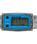 Three Quarter Inch Digital Water Meter Inline Flow Meter With Female NPT Threads To Track Water Usage In Gallons Quarts Pints And Liters Battery Powered By Two AAA Batteries Factory Calibrated For Water And Recalibratable front view