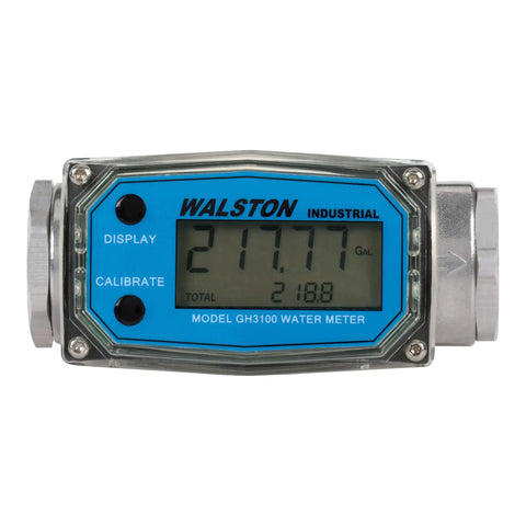 Three Quarter Inch Digital Water Meter Inline Flow Meter With Female NPT Threads To Track Water Usage In Gallons Quarts Pints And Liters Battery Powered By Two AAA Batteries Factory Calibrated For Water And Recalibratable front view