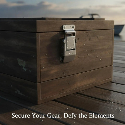 Stainless Steel Spring Toggle Latch 2.8 x 0.7 Inch For Toolboxes And Marine Storage Cases on a wooden box, water droplets visible