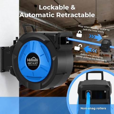 Retractable 3/8 Inch By 100 Foot Hybrid Air Hose Reel With 6.5 Foot Lead-In, Auto Lock And Release System, 180 Degree Swivel Bracket