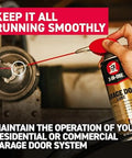 Pro Grade Garage Door Lubricant Twin Pack With Smart Straw Sprays 2 Ways 11 Oz Each No More Squeaks in use on metal gear
