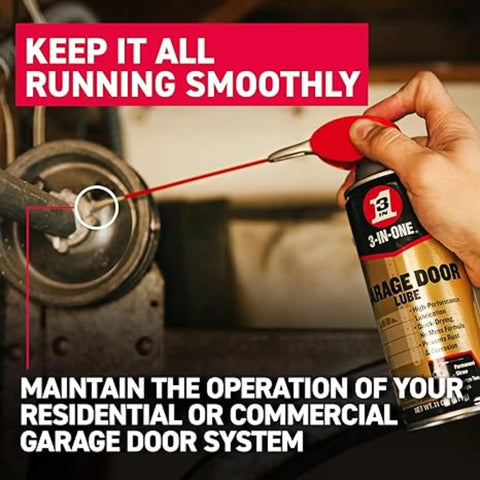 Pro Grade Garage Door Lubricant Twin Pack With Smart Straw Sprays 2 Ways 11 Oz Each No More Squeaks in use on metal gear