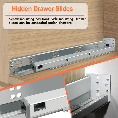 4 Pair 15 Inch Undermount Soft Close Drawer Slides With Full Extension Concealed Bottom Mount showing screw mounting positions.