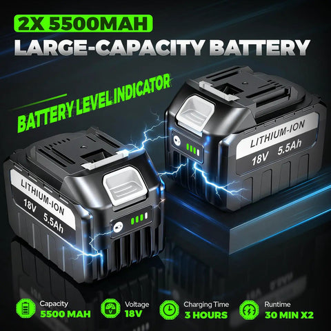 Heavy Duty Cordless Impact Wrench 1 Inch Drive Brushless Motor Provides 3000Nm Ultra High Torque And Powerful 3800 Ipms Rpm For Effortless Lug Nut Removal On Car Tires Comes With Auxiliary Handle And Two 5.5Ah Batteries large-capacity lithium-ion battery pack with 5500mAh capacity and battery level indicator.