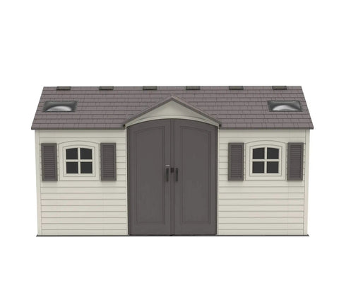 15 By 8 Ft Dual Entry Outdoor Storage Shed With HDPE Dual Wall Construction Steel Reinforced Frame UV Protected Weather Resistant Skylights Windows And Shelving In Desert Sand front view