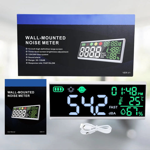 13 Inch Large LCD Decibel Meter With Alarm, 30 To 130dB Range, Wall Hanging Sound Level Gauge For Studio Classroom Home, Temperature And Humidity Display, Color Coded Alerts For Quick Noise Monitoring, boxed display